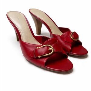intage Red Leather Mule Heels Gold Buckle Slide Sandals Y2K Minimalist Size 9.5